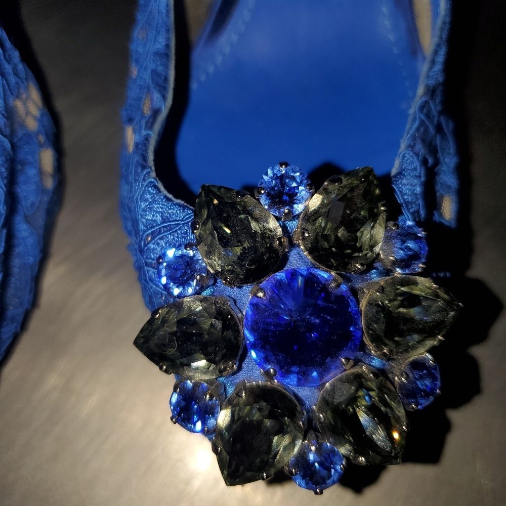 DOLCE & GABBANA Taormina Lace Crystals Blue Peep Toe Pump Heel Twee 39.5 - Picture 10 of 15